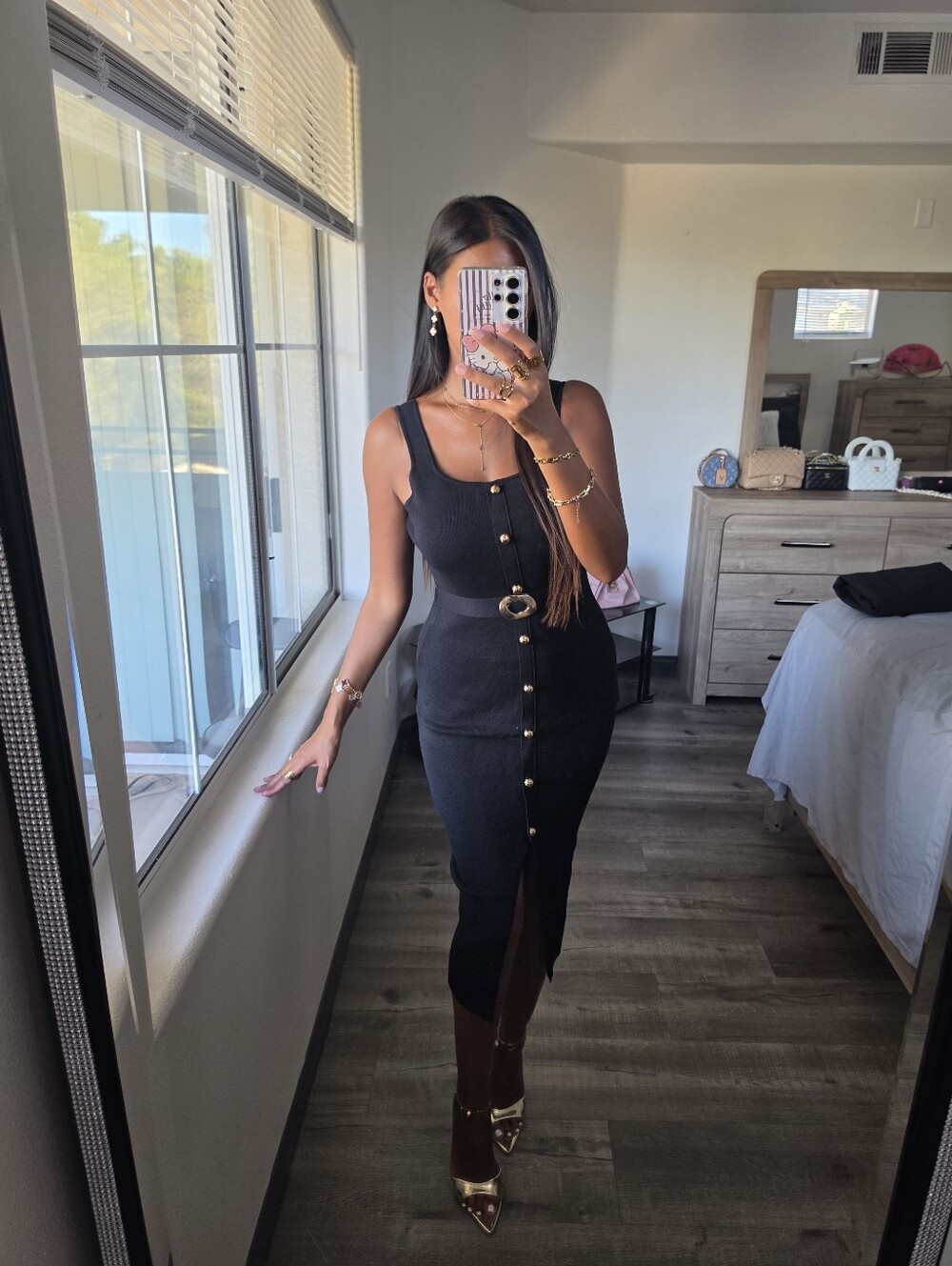 Elegant Black Button-Front Midi Dress with Belt Detail Stretchy - Picture 8 of 17